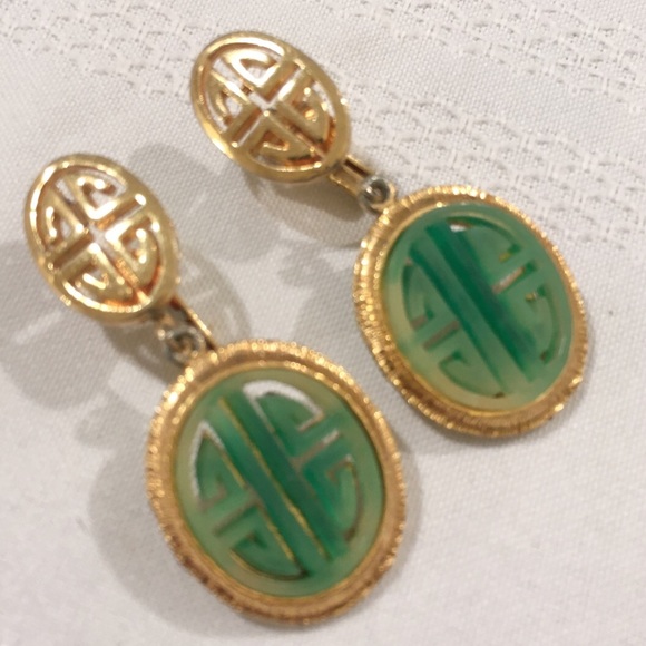 Vintage Jewelry - Vintage Vendome Gold And Faux Jade Earrings